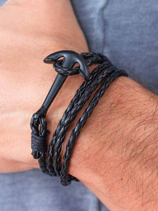 Black Leather Bracelet Anchor Black Hope