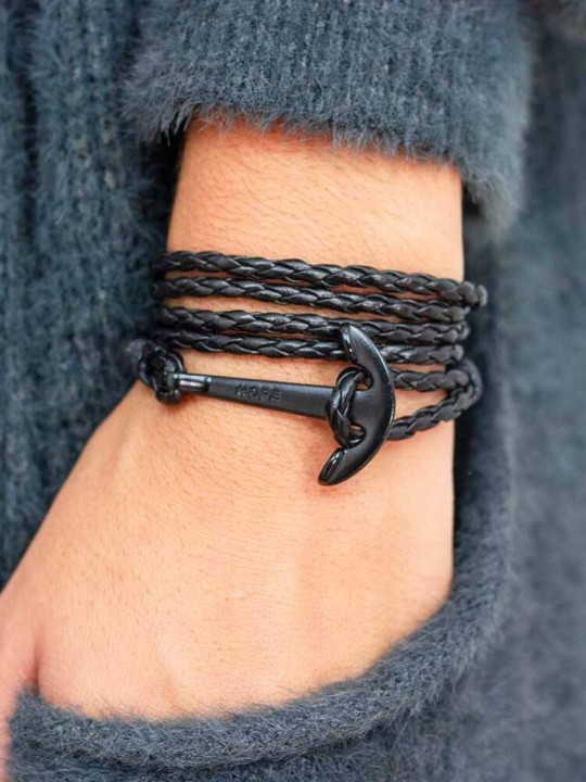 Black Leather Bracelet Anchor Black Hope