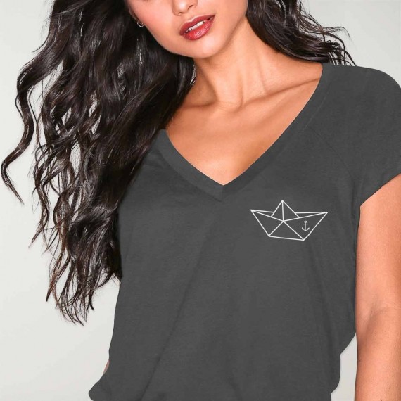 Women T-shirt V-neck Charcoal Ship Paper Anchored