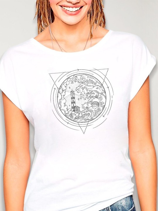 Women T-shirt White Geometric Lighthouse