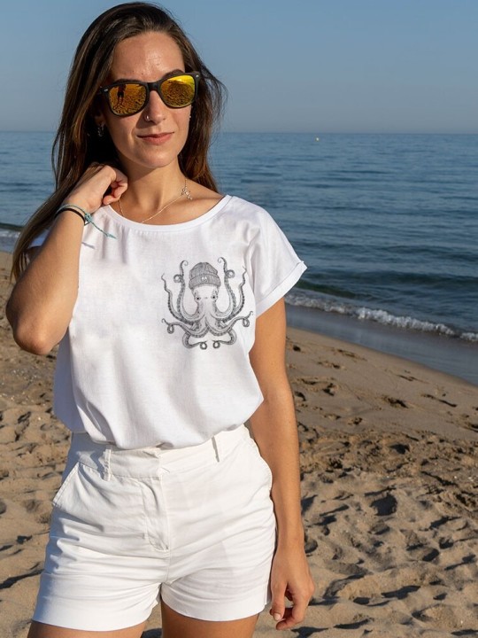 T-shirt Femme Blanc Ocean Octopus