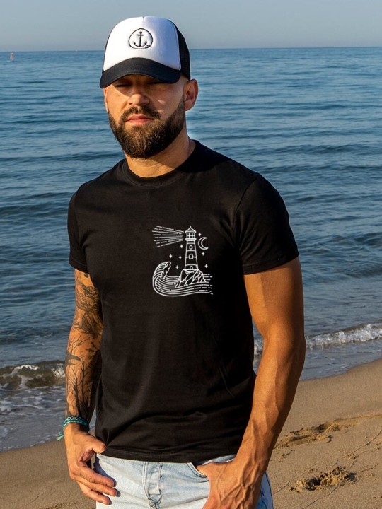 Men T-Shirt Black Star Lighthouse