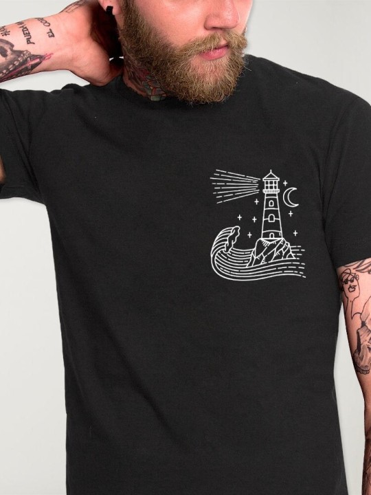 Men T-Shirt Black Star Lighthouse