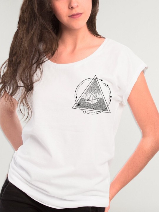 Women T-shirt White Storm Paper Ship