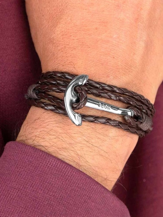 Bracelet Brown Leather Anchor Silver Hope