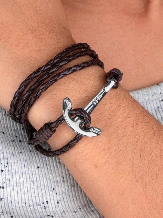 Bracelet Brown Leather Anchor Silver Hope