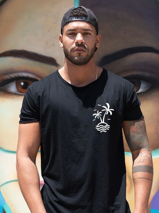 Men T-Shirt Open Neck Black Hello Beach