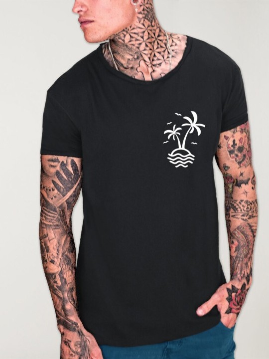 Men T-Shirt Open Neck Black Hello Beach