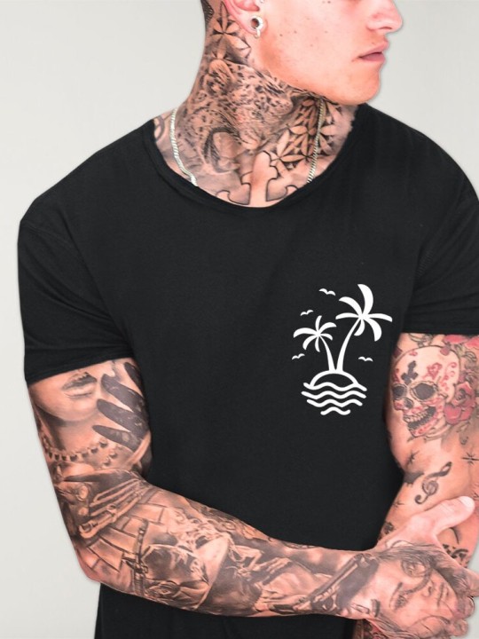 Men T-Shirt Open Neck Black Hello Beach