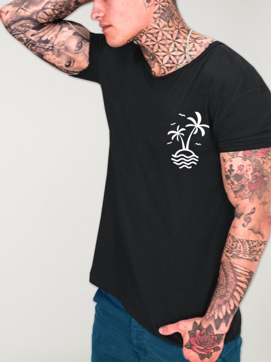 Men T-Shirt Open Neck Black Hello Beach