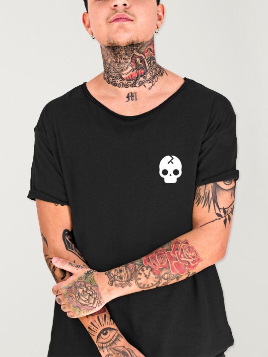 Men T-Shirt Open Neck Black Broken Skull