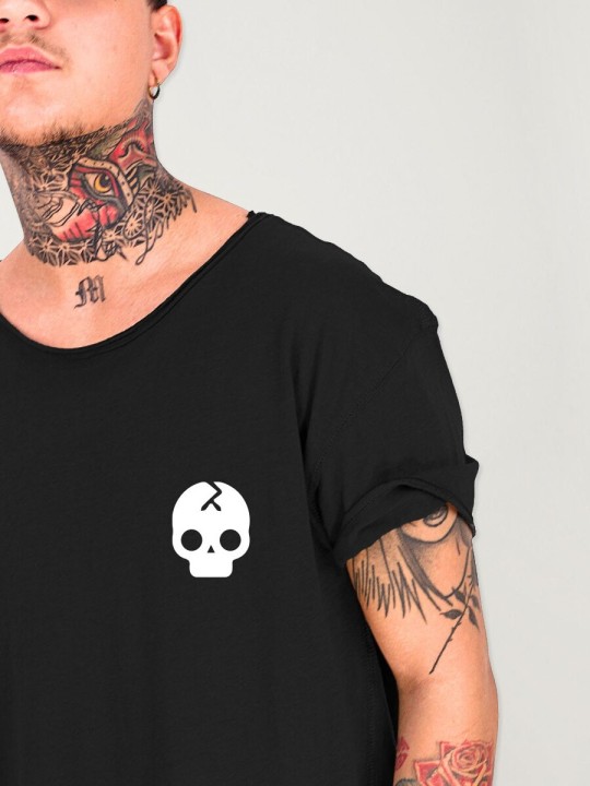 Men T-Shirt Open Neck Black Broken Skull