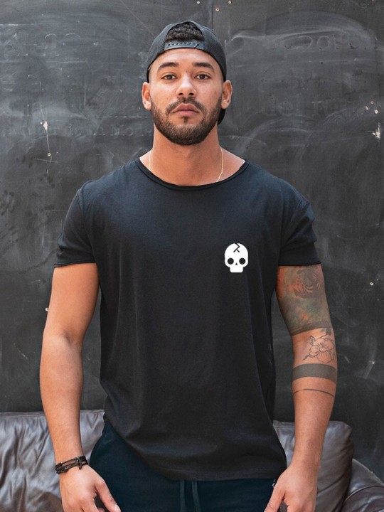 Men T-Shirt Open Neck Black Broken Skull