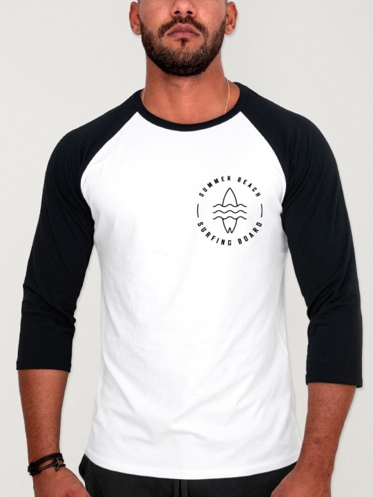 3/4 Sleeve Men T-Shirt White/Black Baseball Summer Paradise