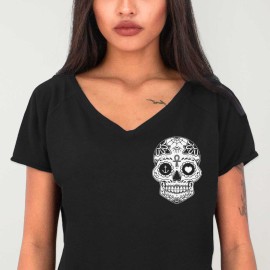 T-shirt mit V-Ausschnitt Damen Schwarz Oaxaca Travel