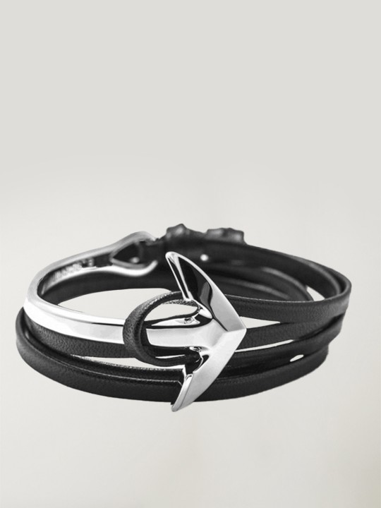 Bracelet Black Leather Anchor Curved