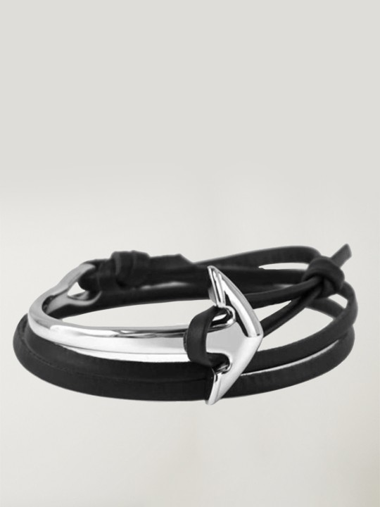 Bracelet Black Leather Anchor Curved