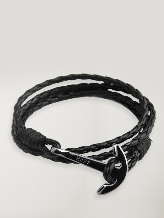 Bracciale in pelle Nero Ancora Nera Hope