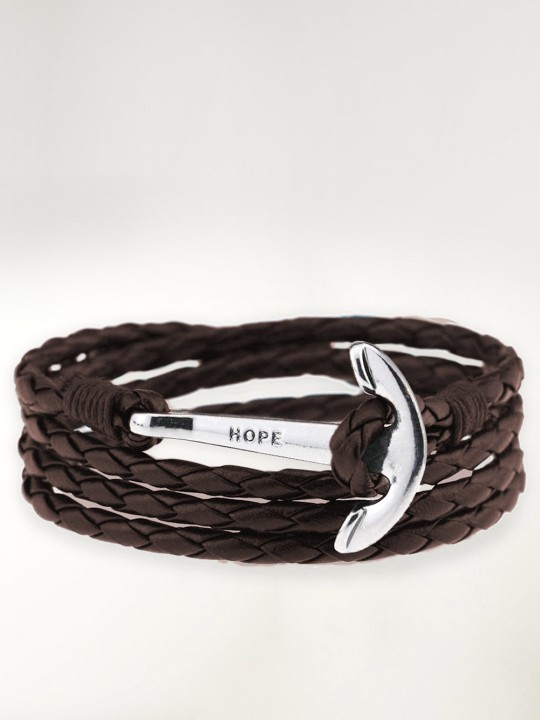 Bracelet Brown Leather Anchor Silver Hope