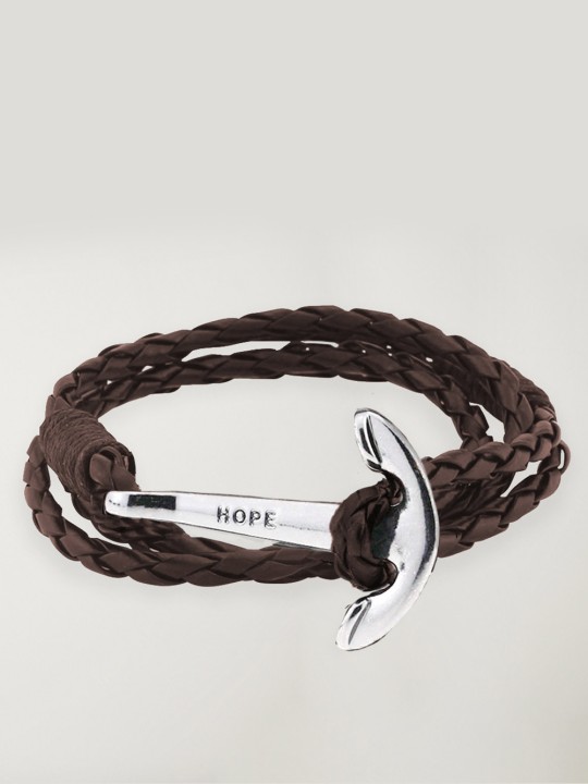 Bracelet cuir brun Ancre Argenté Hope