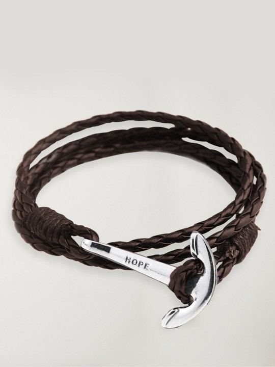 Bracelet Brown Leather Anchor Silver Hope