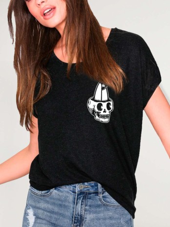 Women T-shirt Black Surfboard Skull