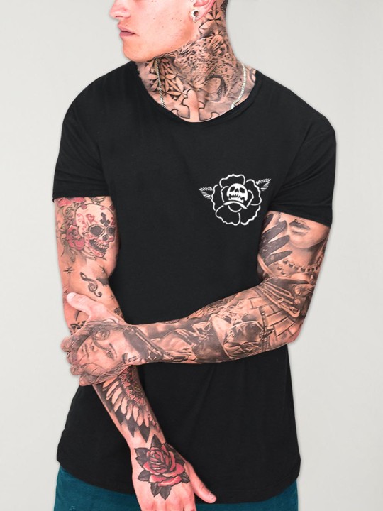 T-shirt Herren mit U-Ausschnitt Schwarz Skull Rose