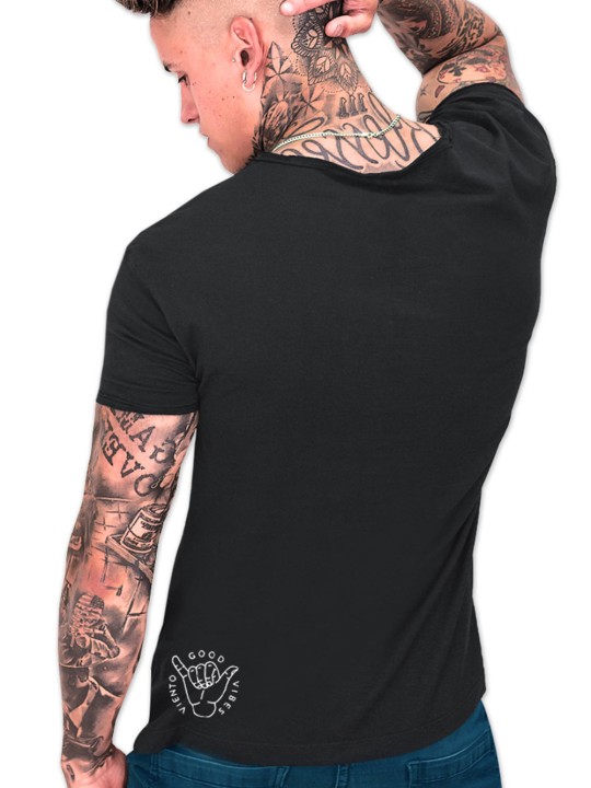 T-shirt Herren mit U-Ausschnitt Schwarz Skull Rose